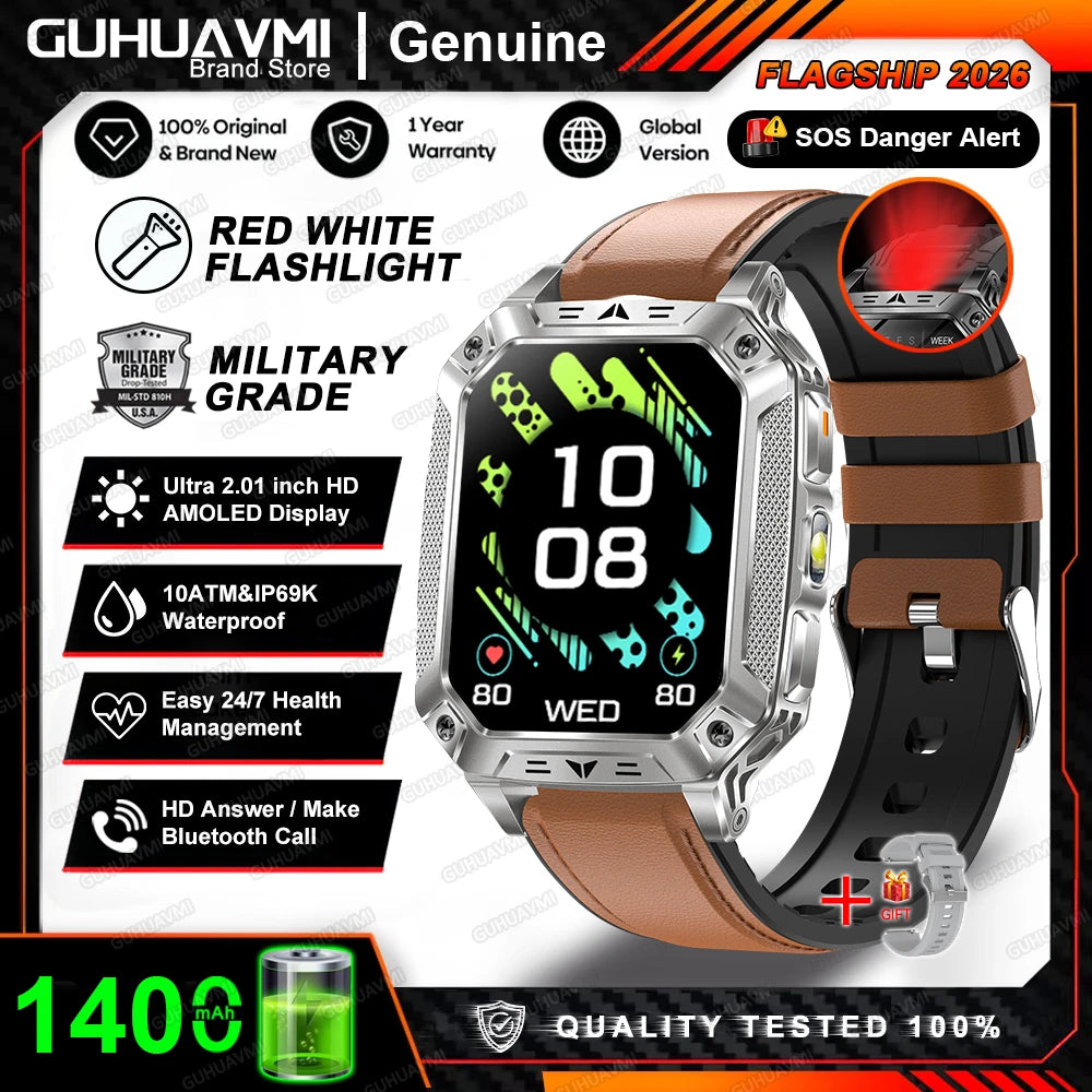 2026 New Military Grade 1400mAh Battery Smart Watch GPS Tracks 5ATMWaterproof Flashlight Heart Rate 2.1" Durable Smartwatch Men