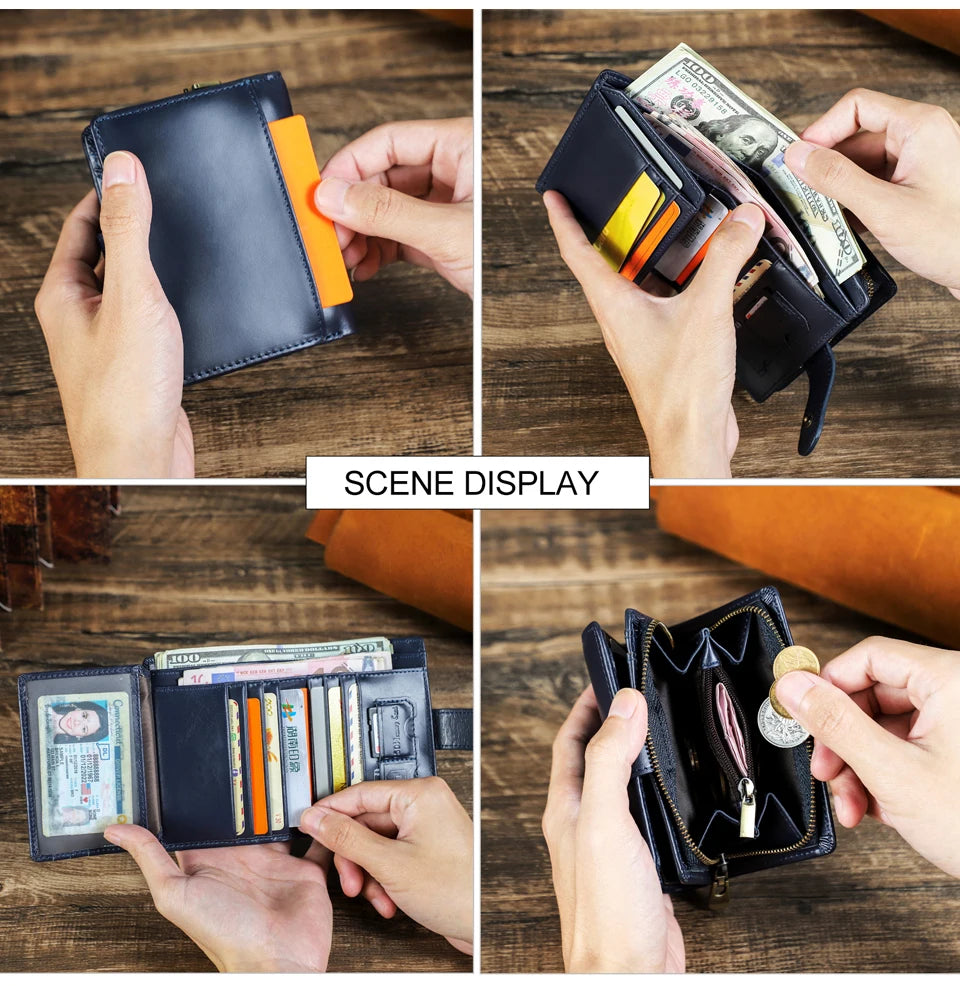 CONTACT'S Genuine Leather RFID Vintage Wallet Men With Coin Pocket Short Wallets Small Zipper Wallet With Card Holders Man Purse