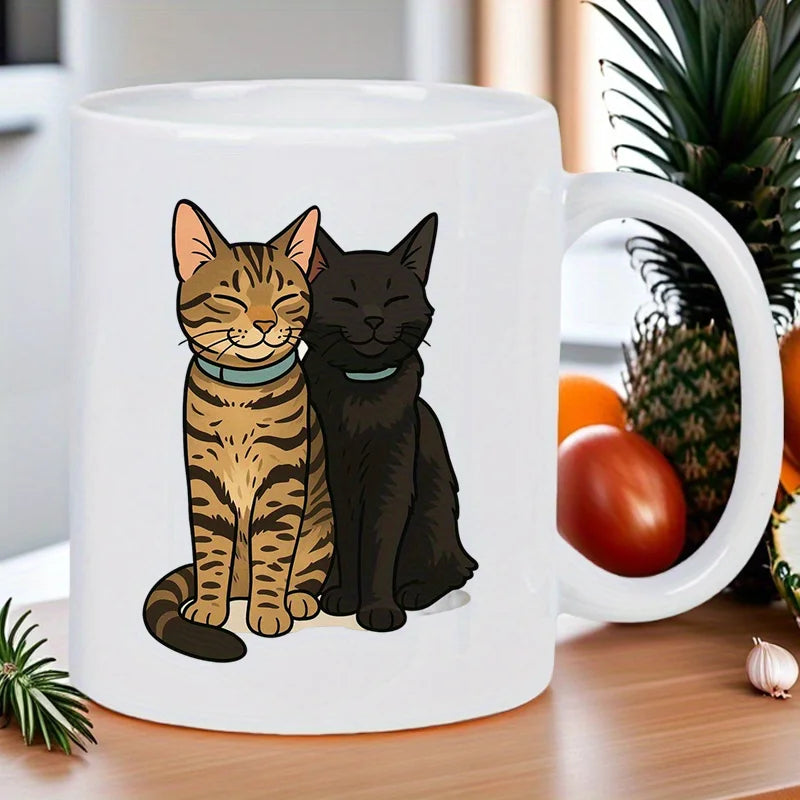 Cute Cat Duo Ceramic White Mug - Perfect Gift for Cat Lovers, Hand Wash Only, Reusable, Multipurpose Use, No Electricity Needed,