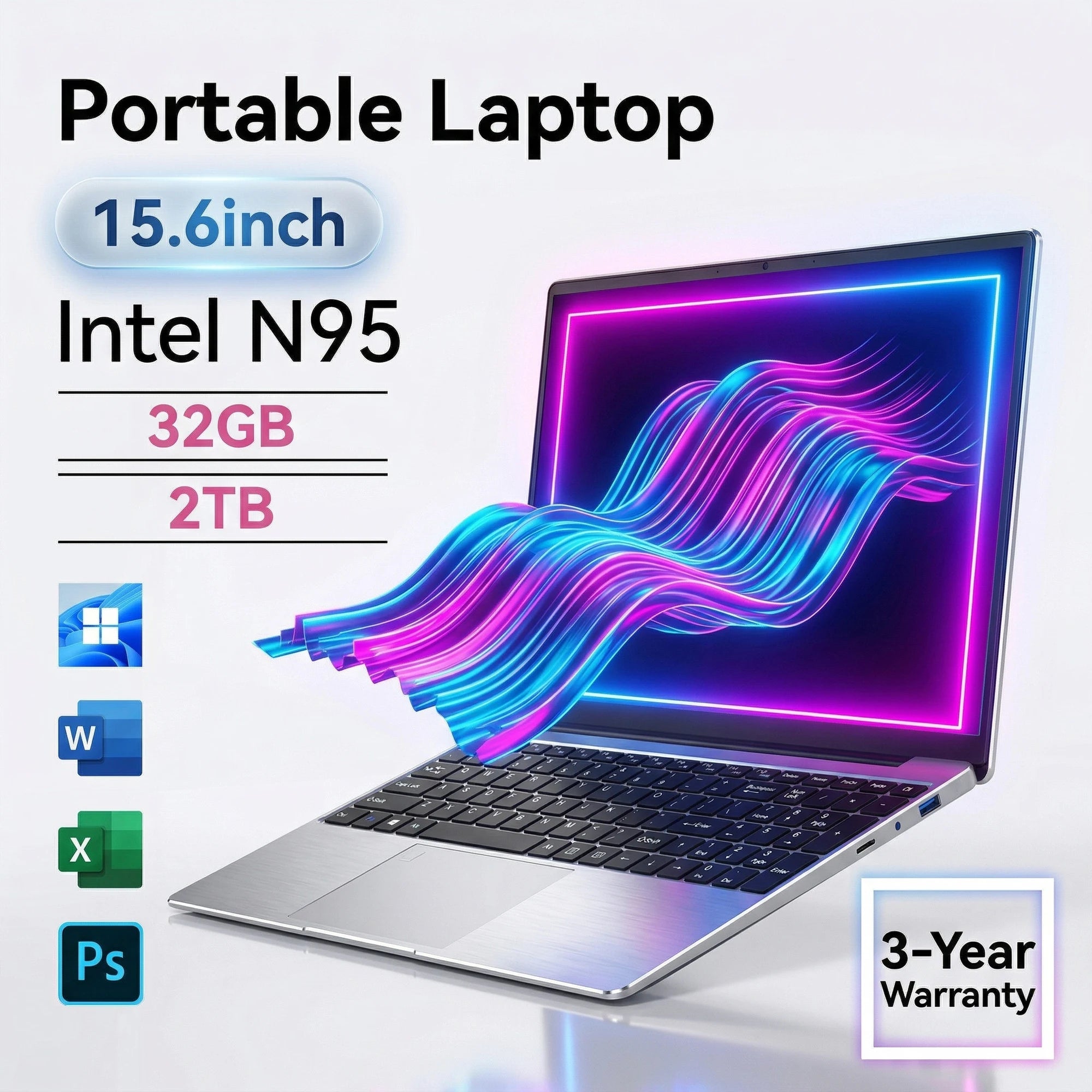 HOT 15.6" Portable Laptop Intel N95 32GB DDR4 2TB SSD Windows11 Notebook Pc Gamer Office Computer with Backlit Fingerprint