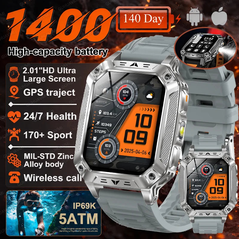 2026 Military 5ATM Waterproof Smart Watch Men 1400mAh Battery GPS Tracks 2.01" HD AMOLED Bluetooth call Sport Fitness Smartwatch