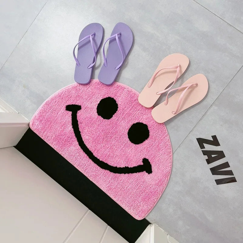 Rose pink semicircular smiley face floor mat imitation cashmere soft bedroom door floor mat bathroom absorbent carpet