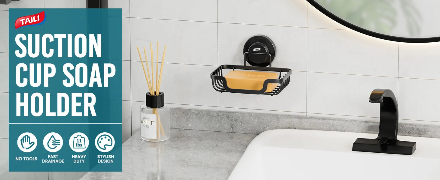 TAILI Soap Holder Bar Soap Dish Suction Cup, Bar Soap Rack for Shower Wall, Draining Soap Saver Tray for Bathroom, Tub, Kitchen