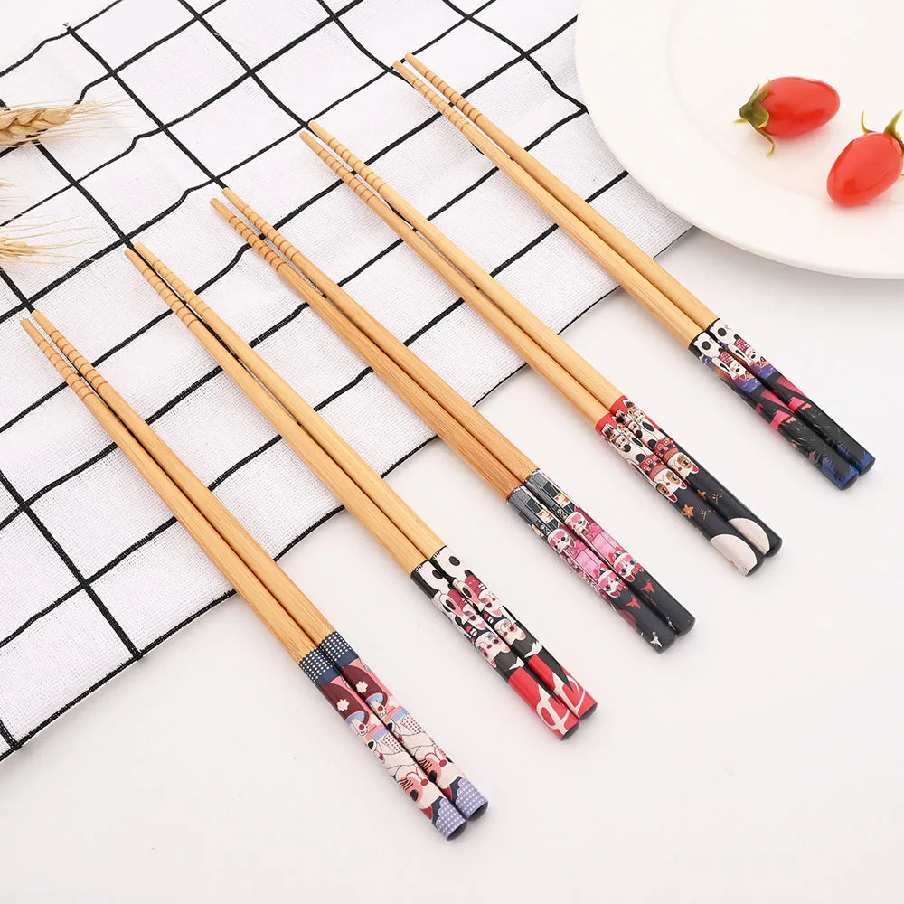 Reusable 5Pairs Tableware Handmade Bamboo Japanese Natural Wood Chopsticks Sushi Food Cat Flower Multi Color Wooden Chop Sticks