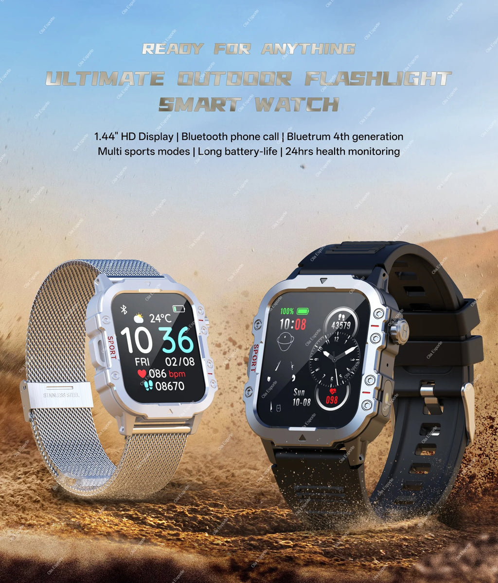 2026 Rugged Military Smart Watch Men's Outdoor Watch LED Flashlight 2.01'' HD Touch Screen Voice Bluetooth Call Smartwatch Gifts