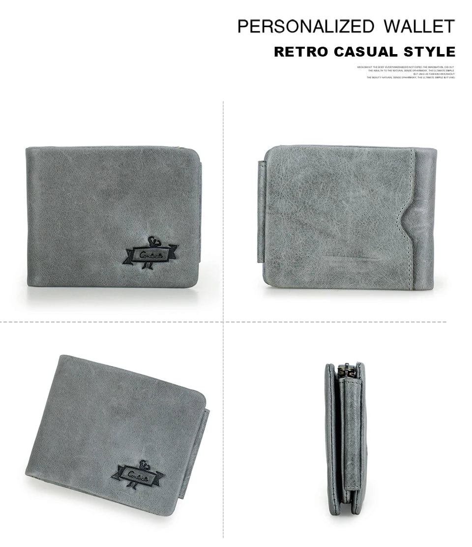 CONTACT'S Genuine Crazy Horse Leather Men Wallets Vintage Trifold Wallet Zip Coin Pocket Purse Cowhide Leather Wallet For Mens