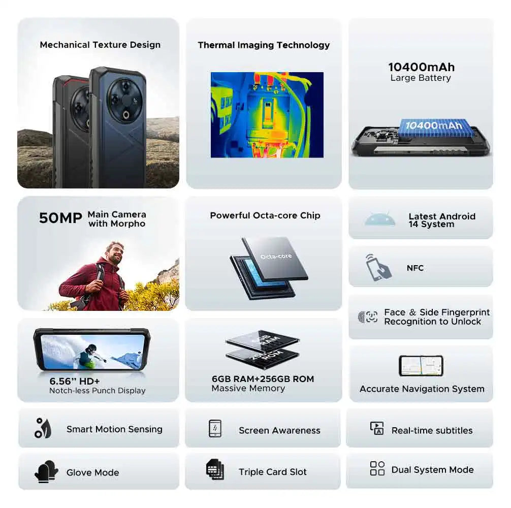 DOOGEE Fire 6 Rugged Phone Thermal Imaging 10400mAh Large Battery 6.56" 16GB(6+10) 256GB 50MP AI Main Camera Mobile Phone