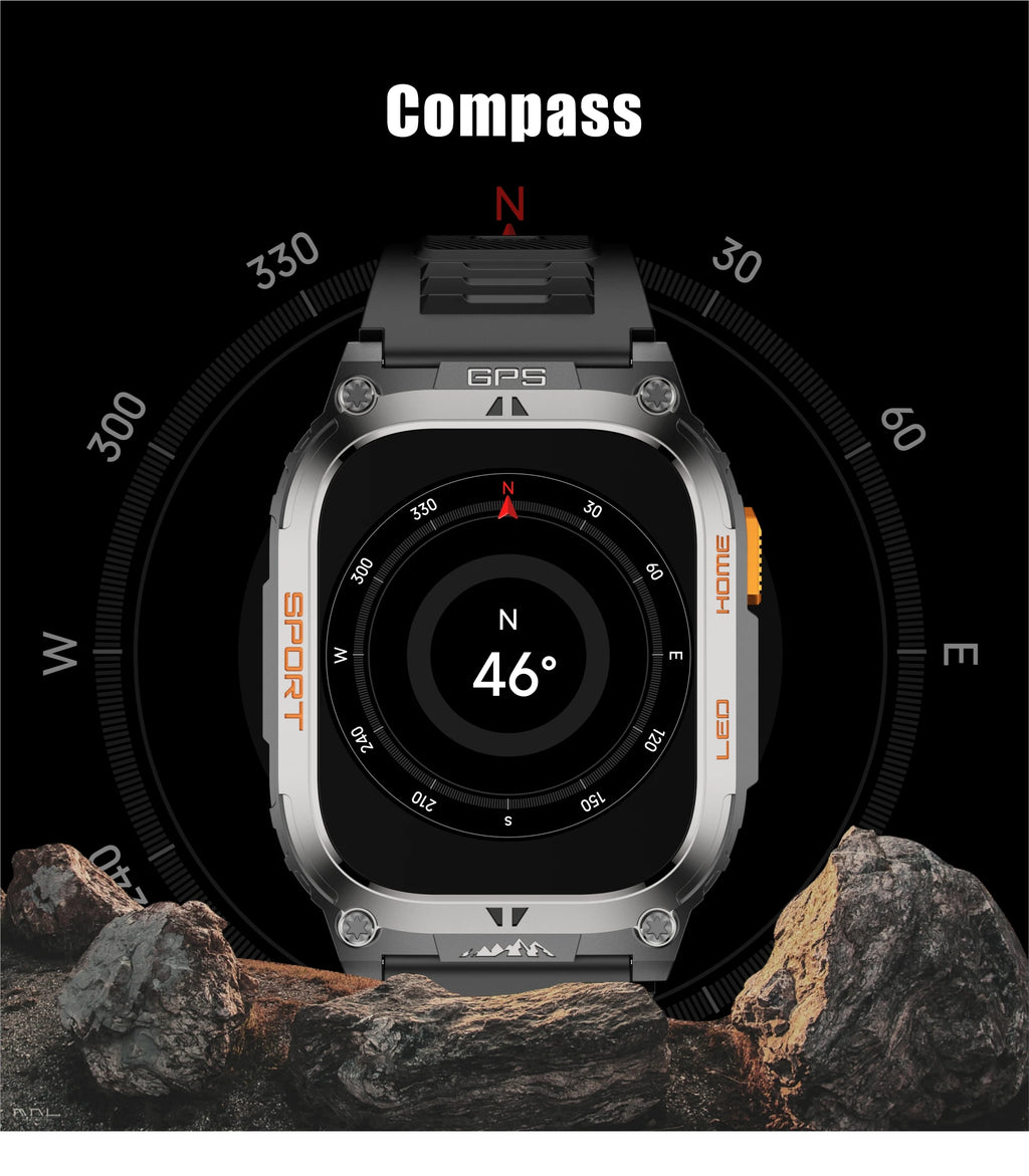 LIGE New GPS Tracking Smart Watch  LED Flashlight 1.96inch HD Screen Compass BT Call Waterproof Sport Smartwatch For Android iOS