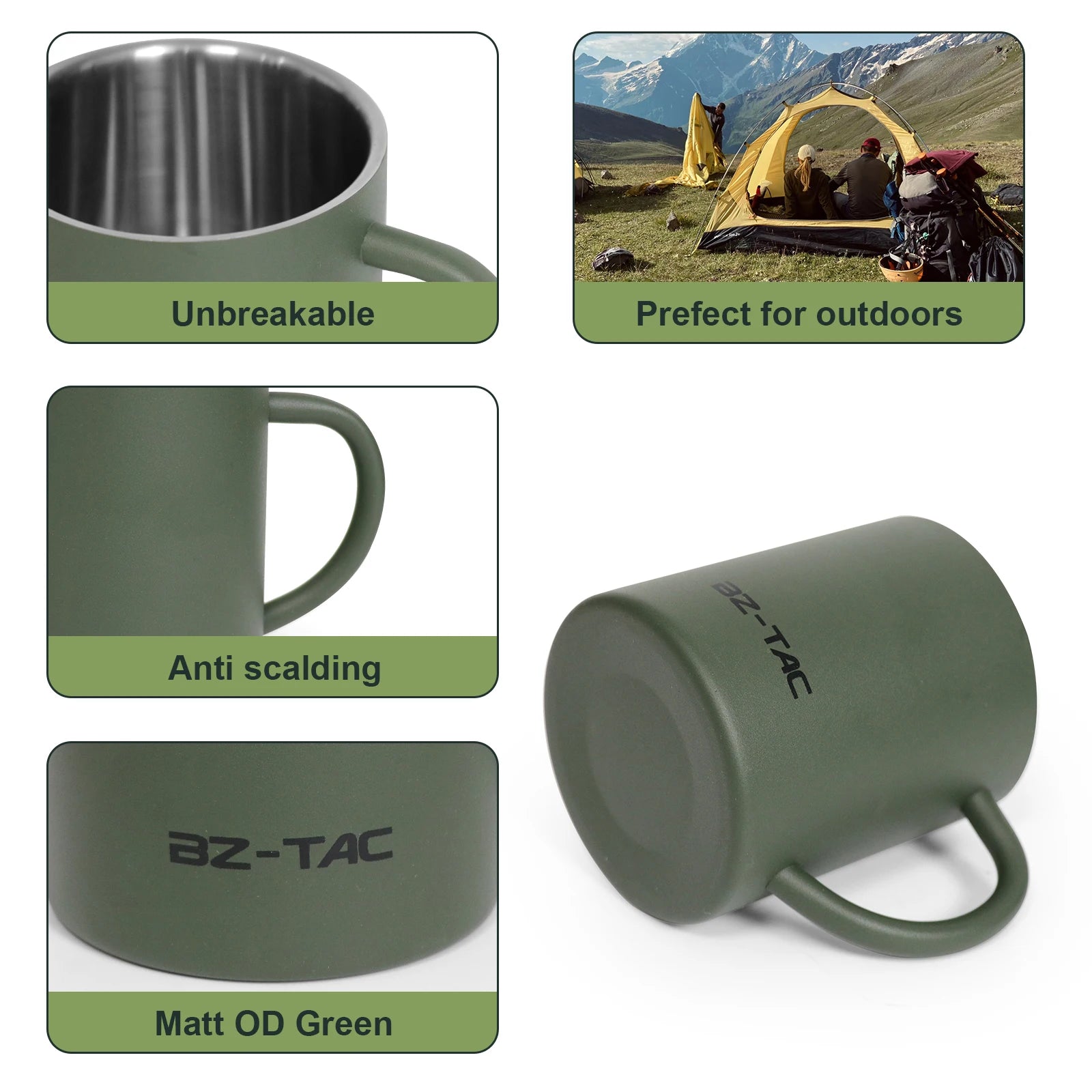 N Double Wall Coffee Mug Stainless Steel Matte Army Green Water Mug Insulated with Handle for Camping Picnic Outdoors 300/450ml