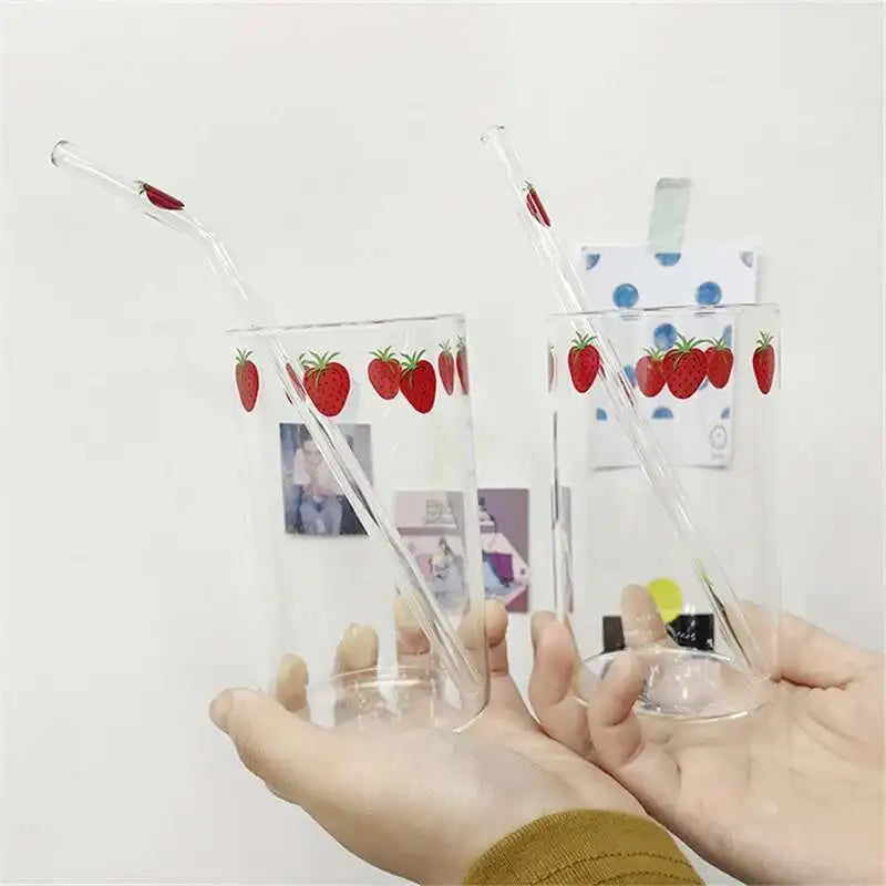 300 ML High Borosilicate Nana Cute Strawberry Water Milk Drinking Glasses Cup with Straw Upgrade Thickened Version Gift