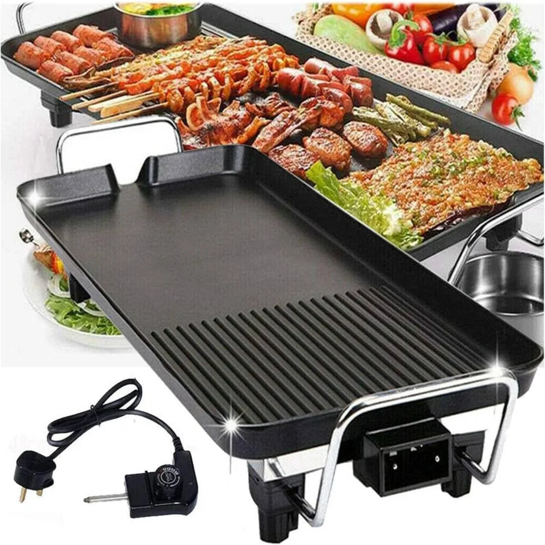 Electric Large Teppanyaki Grill Table Top Smokeless Grill, Portable BBQ Barbecue Griddle Non-stick Hot Plate with Adjustable Thermostat 1500W for Family Party Camping