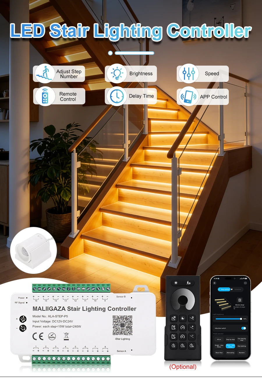 Intelligent Motion Sensor Stair Light Kit, Smart Bluetooth APP Remote Control, Dynamic & Constant Lighting for Indoor Staircase
