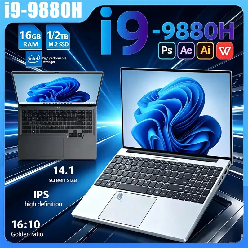 2026 New 14.1 Inch Ultra Thin Laptop Intel Core i9-9880H Win11 16GB/32GB DDR4 RAM 2TB SSD Portable Business Office Notebook
