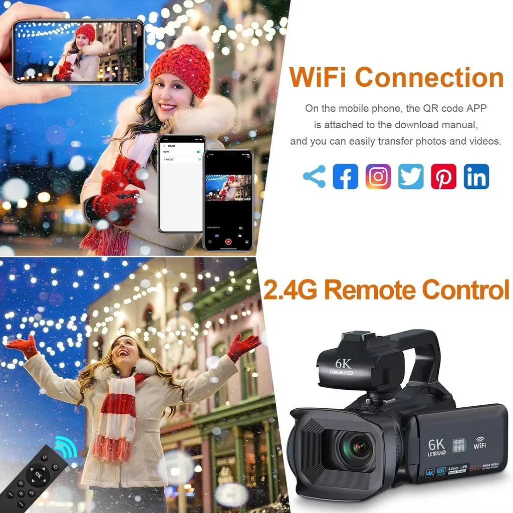 4K 60FPS Professional Camcorder for Photography 64MP WiFi Livestream Webcam Video Cameras 18X Digital Zoom YouTube Vlog Recorder