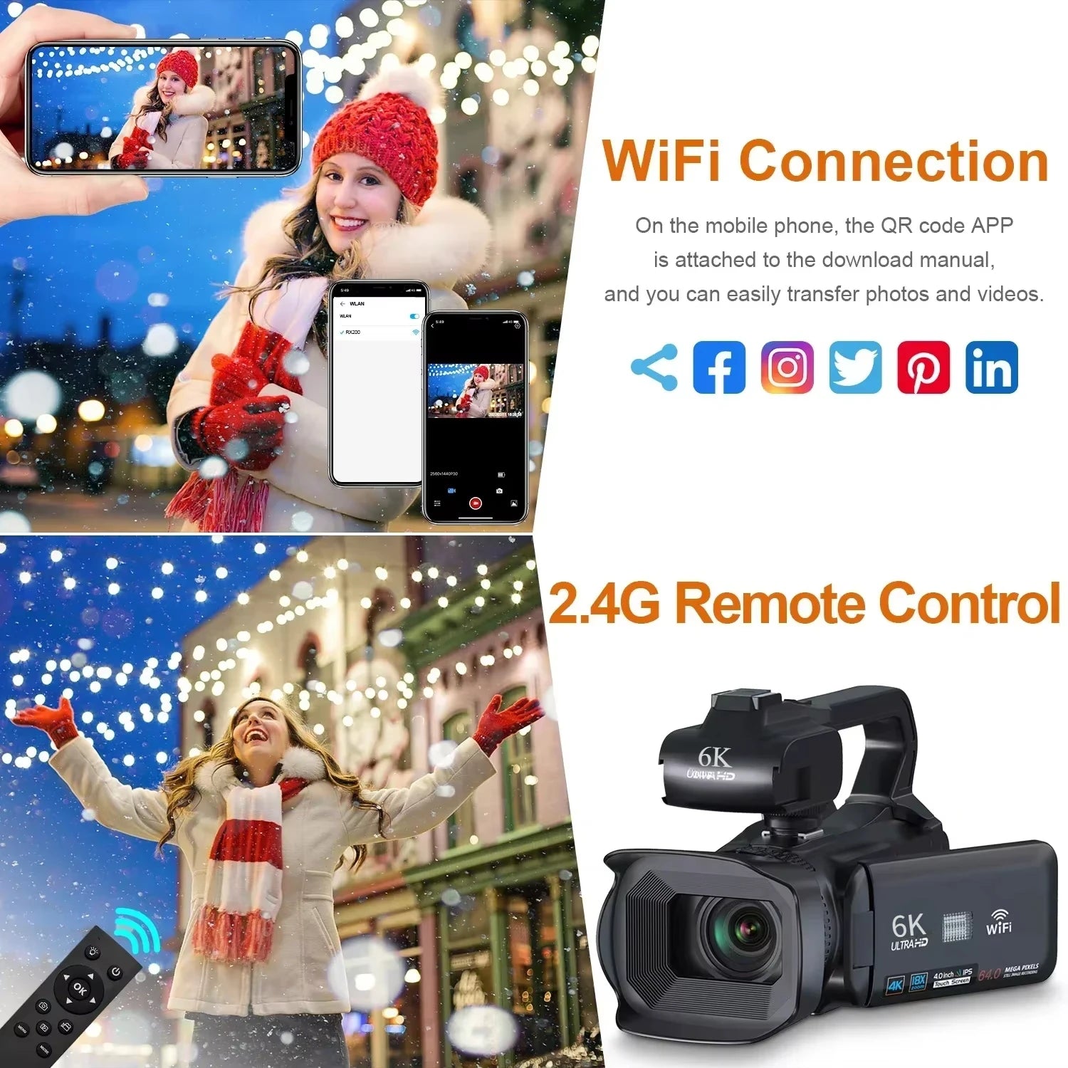 4K 60FPS Professional Camcorder for Photography 64MP WiFi Livestream Webcam Video Cameras 18X Digital Zoom YouTube Vlog Recorder