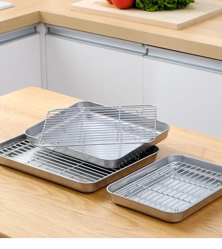 Stainless Steel Baking Pan Tray with Wire Rack Cake Baking BBQ Pan Tray Plate Oven Brownie Rack Cooking Roasting Grilling Tool