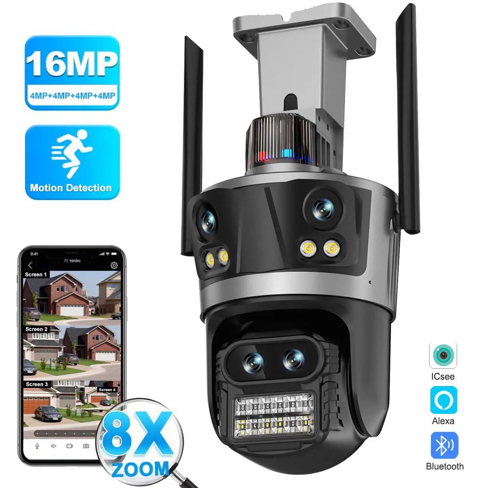 8K 16MP WiFi IP Camera 8X Zoom Four Lens Outdoor PTZ Security Camera Auto Tracking Smart Security Protection CCTV Video Camera