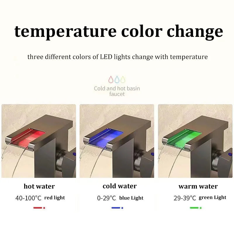 Basin Waterfall Style All-copper LED Light Luminous Faucet Bathroom Above Counter Basin Household Hot and Cold Water Faucet