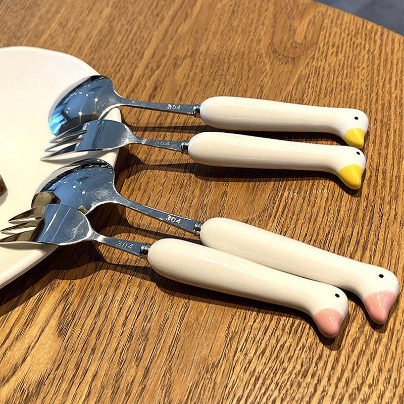 Children Cartoon Animals Cutlery Stainless Steel Spoon Fork Set Portable Outdoor Lunch Tableware with Box Kitchen Accessories
