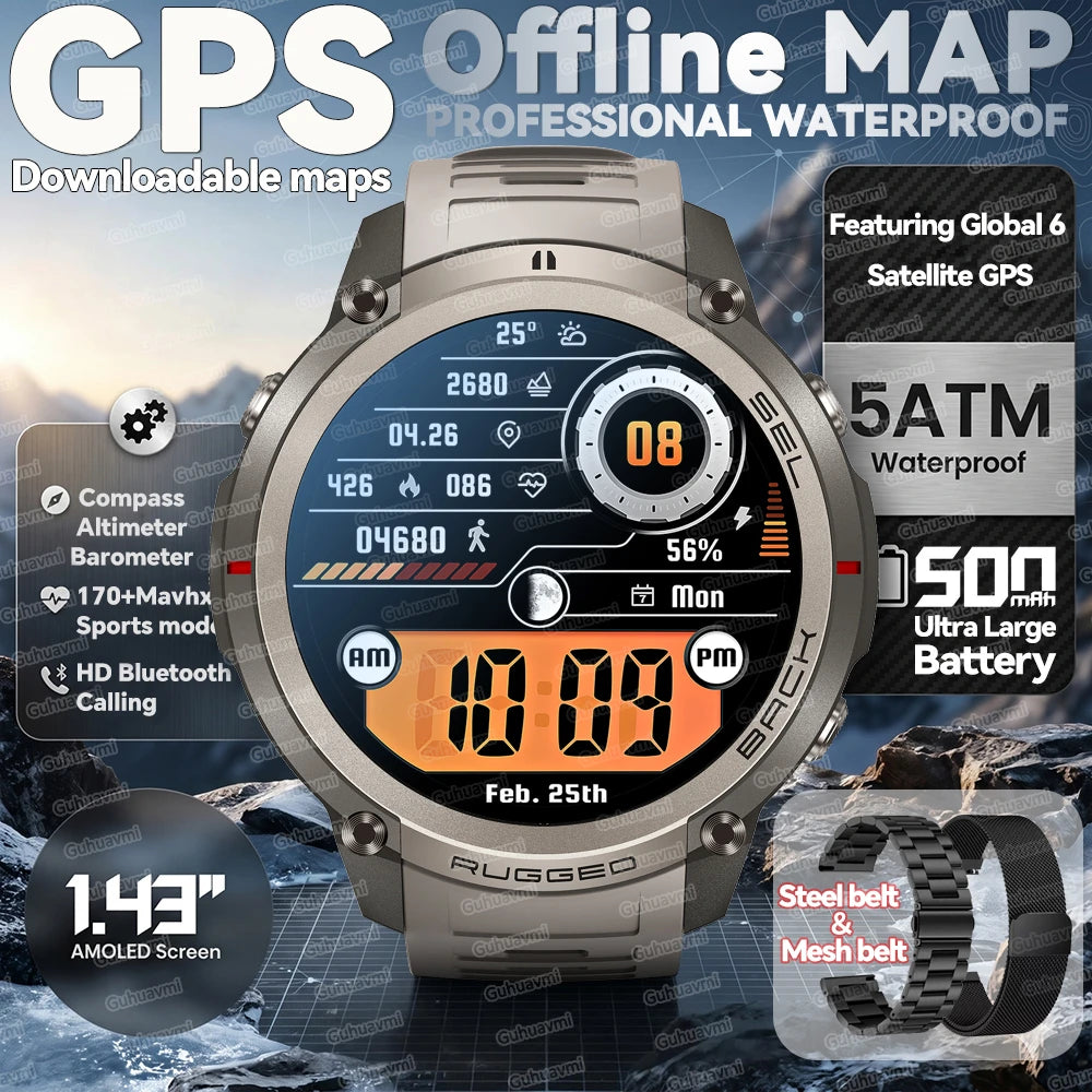 2026New Outdoor GPS Smart Watch Offline Maps Download Compass Tracking 5ATM Waterproof Tactics Sport Smart Bracelet For Men gift