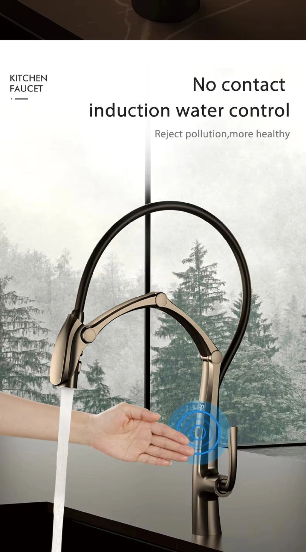 AITANA Gun Grey Luxury Brass LED Display Kitchen Faucet，Touchless Sensor，Pull-Out 3-Function Spray Water-Saving SinK Mixer