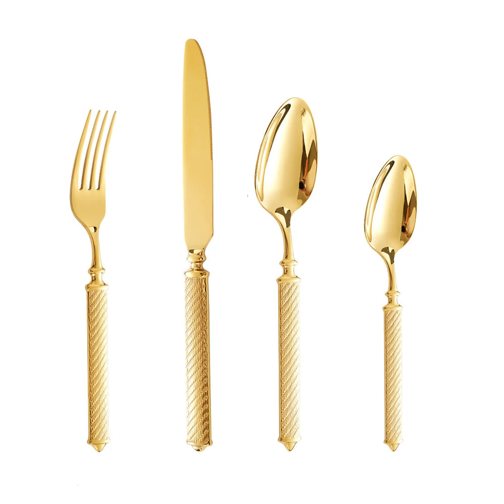 4Pcs Shiny Dinnerware Set 304 Stainless Steel Cutlery Set Gold Creative Handles Tableware Knives Forks Spoon Dishwasher Safe