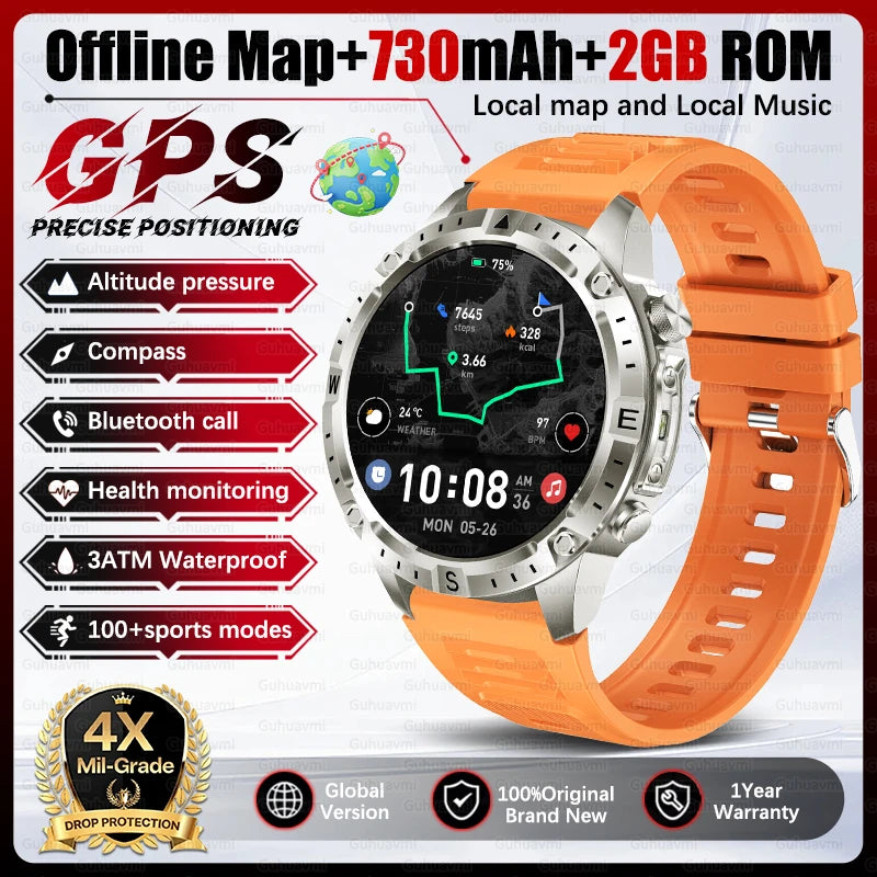 2026 Outdoor GPS Smart Watch Men 2GB ROM Offline Map 730mAh Battery 3ATM Waterproof Compass Altimeter Health Monitor Smartwatch