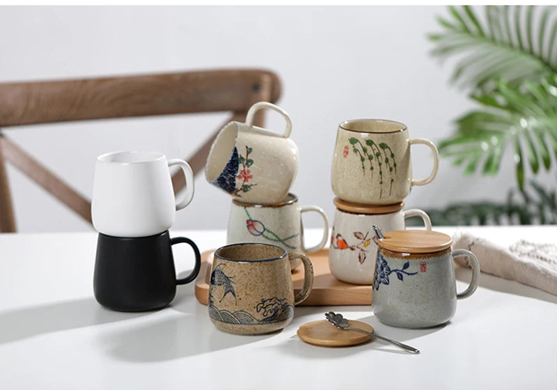YWDL 350ml Japanese Ceramic Coffee Mug With Lid And Spoon Milk Breakfast Cups Home Heat-resistant Teacup Tumbler Water Mug Gift