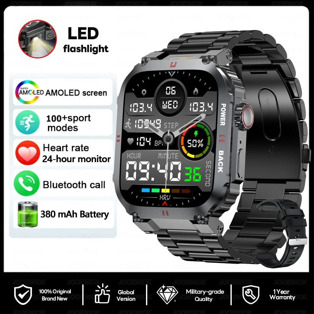 2025 New Outdoor Military Rugged Smart Watch Men's 1.91 Inch AMOLED HD Full Screen Touch LED Light Bluetooth Call Smartwatches