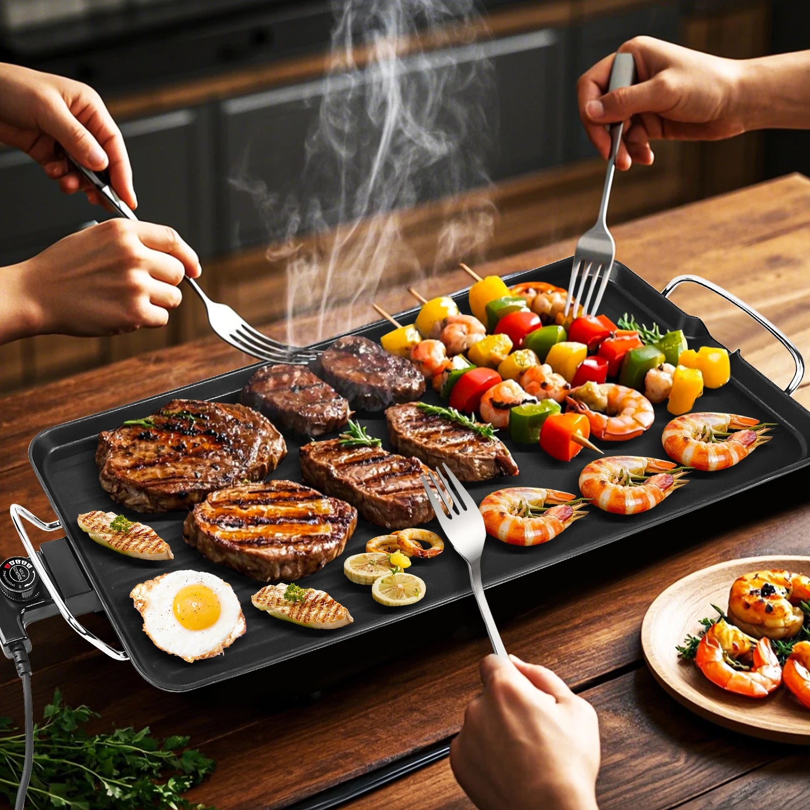 Electric Large Teppanyaki Grill Table Top Smokeless Grill, Portable BBQ Barbecue Griddle Non-stick Hot Plate with Adjustable Thermostat 1500W for Family Party Camping