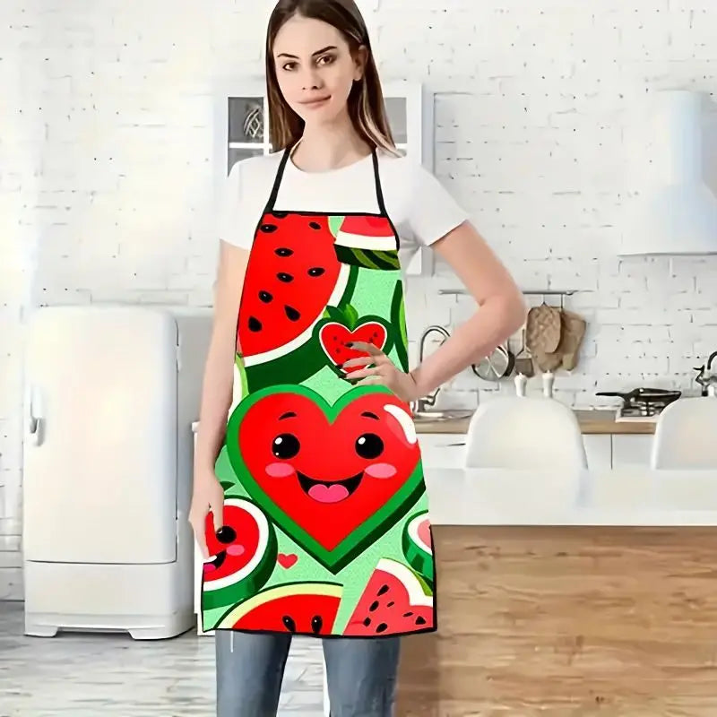 Cute Watermelon Print Apron Oil Proof Waterproof Kitchen Cooking Apron Household BBQ Restaurant Party Work Anti Fouling Apron
