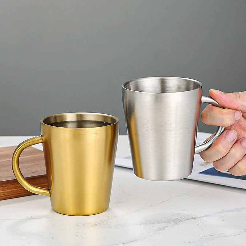 304 Stainless Steel Beer Cup Double-Layer Water Cup Home Dining Drinkware Mugs Gold Sliver Coffee Mugs With Handle 300ml