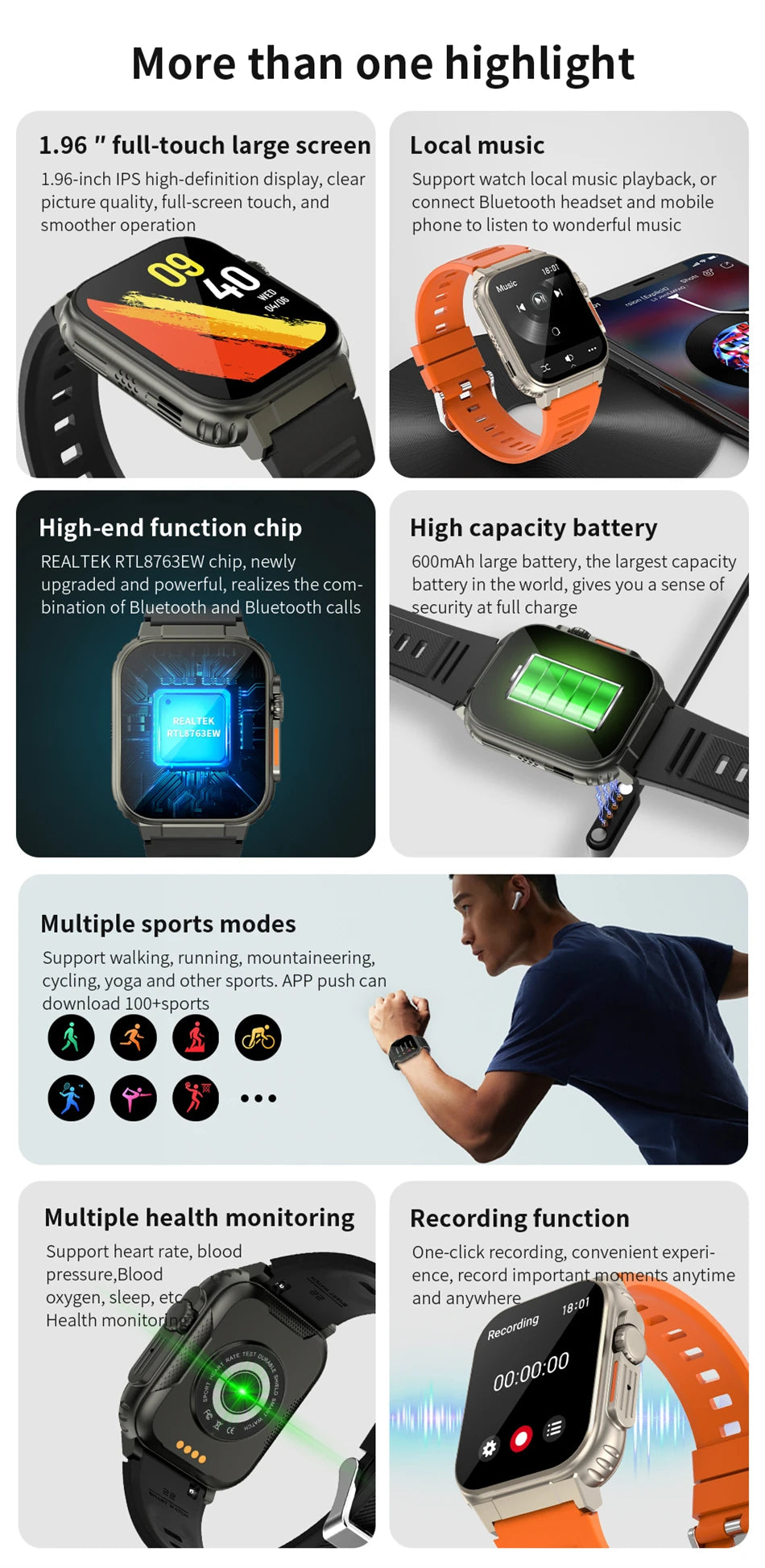 LIGE 600mAh high-Capacity Smart Watch Ultra Watch Men Bluetooth Call TWS Local Music Smartwatch Sport IP68 Waterproof Watches