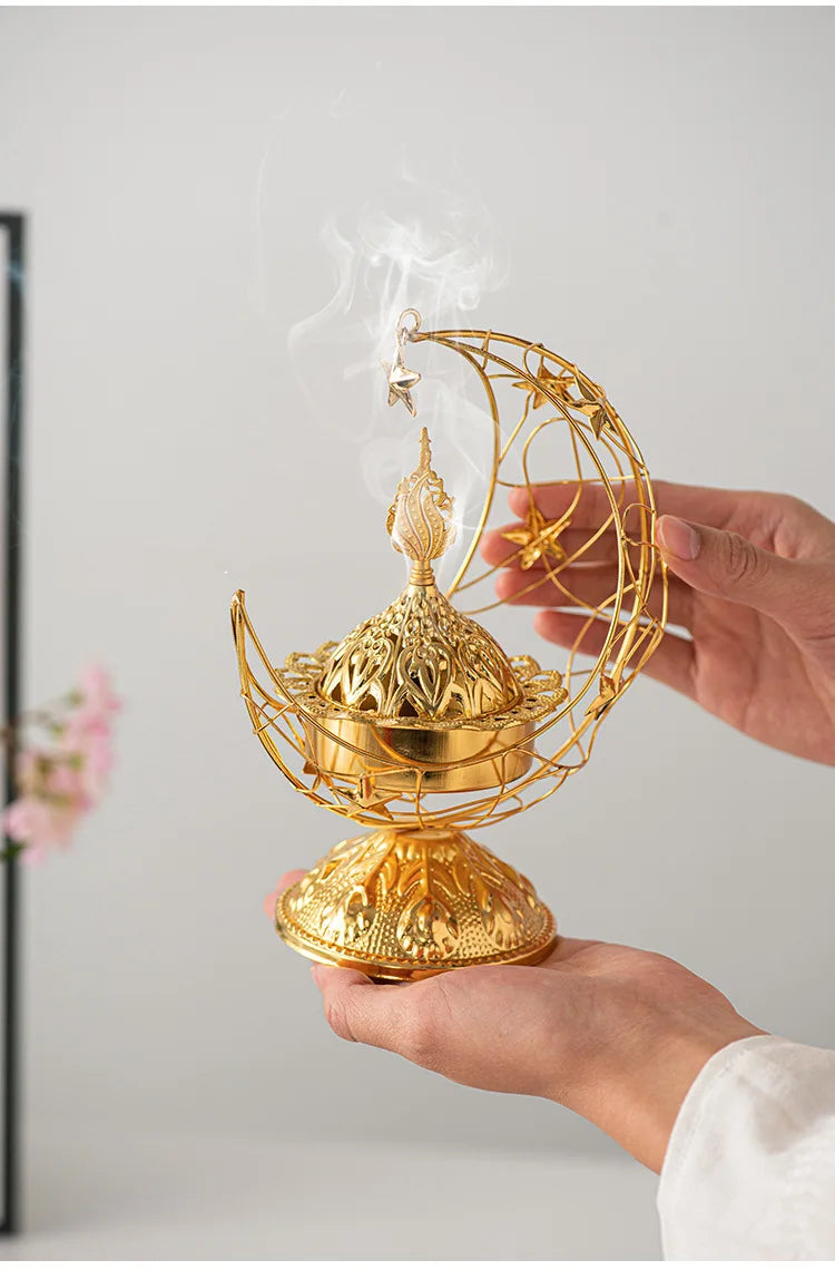 Middle Eastern Hand-held Crescent Metal Incense Burner Golden Living Room Tabletop Incense Burners Arabic Ornament