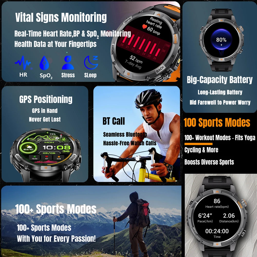 2025 New Professional GPS Sports Smart Watch Outdoor RIDE Run GPS track Swim Watchs Compass 3ATM Sports Bluetooth Call Watch Men