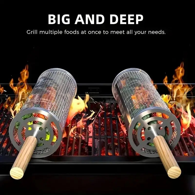Round Barbecue Grill Basket Set, Stainless Steel Rolling BBQ Cage, Wire Mesh Cylinder Grilling Rack, Outdoor Camping Essential