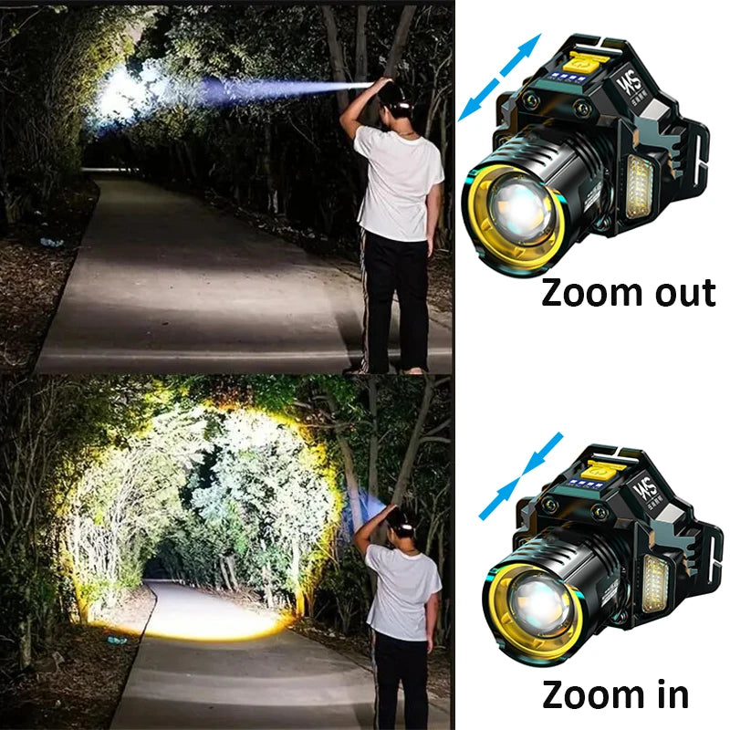 Rechargeable Powerful Headlamp 90° Adjustable Zoomable LED Headlight Built-in 18650 Battery for Camping Front Head Lantern