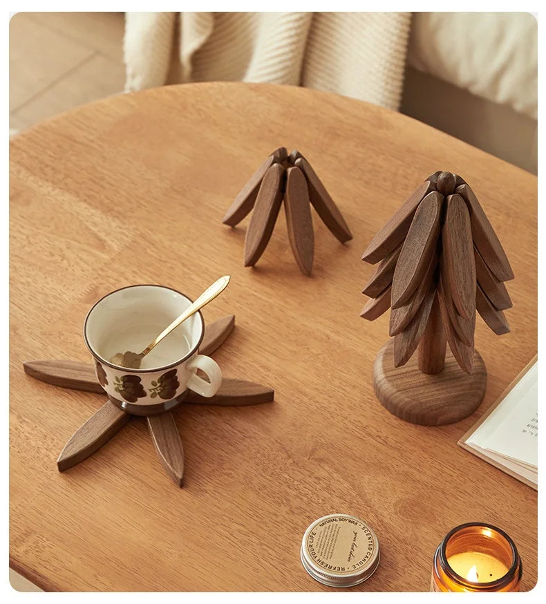 Wooden Tree Trivet & Star Coaster Set, Foldable Heat Resistant Pot Holders, Walnut Wood Table Trivet for Hot Dishes, Pots, Cups
