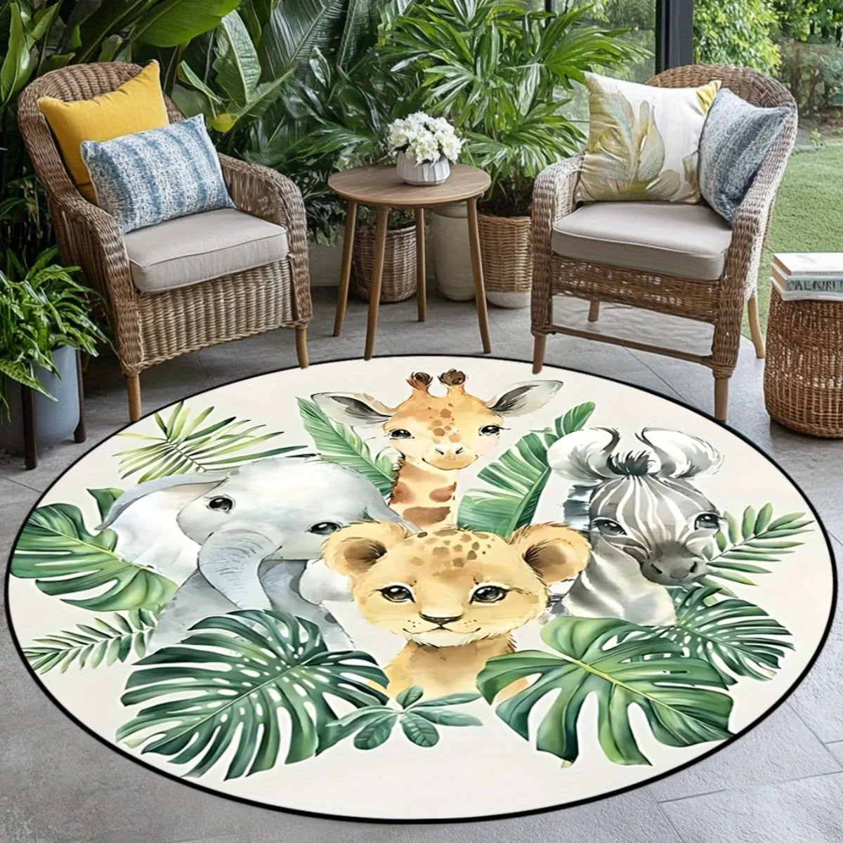 1 cartoon green leaf jungle animal print pattern round rug, polyester fabric, machine washable, suitable for bedroom living room