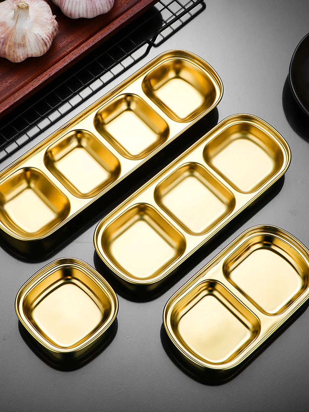 1/4 Pcs Stainless Steel Divided Seasoning Sauce Dip Bowl, 1/2/3/4 Compartment Korean Ketchup Sauce Bowl, Vinegar Soy Spice Condiment Tray for Home Restaurant