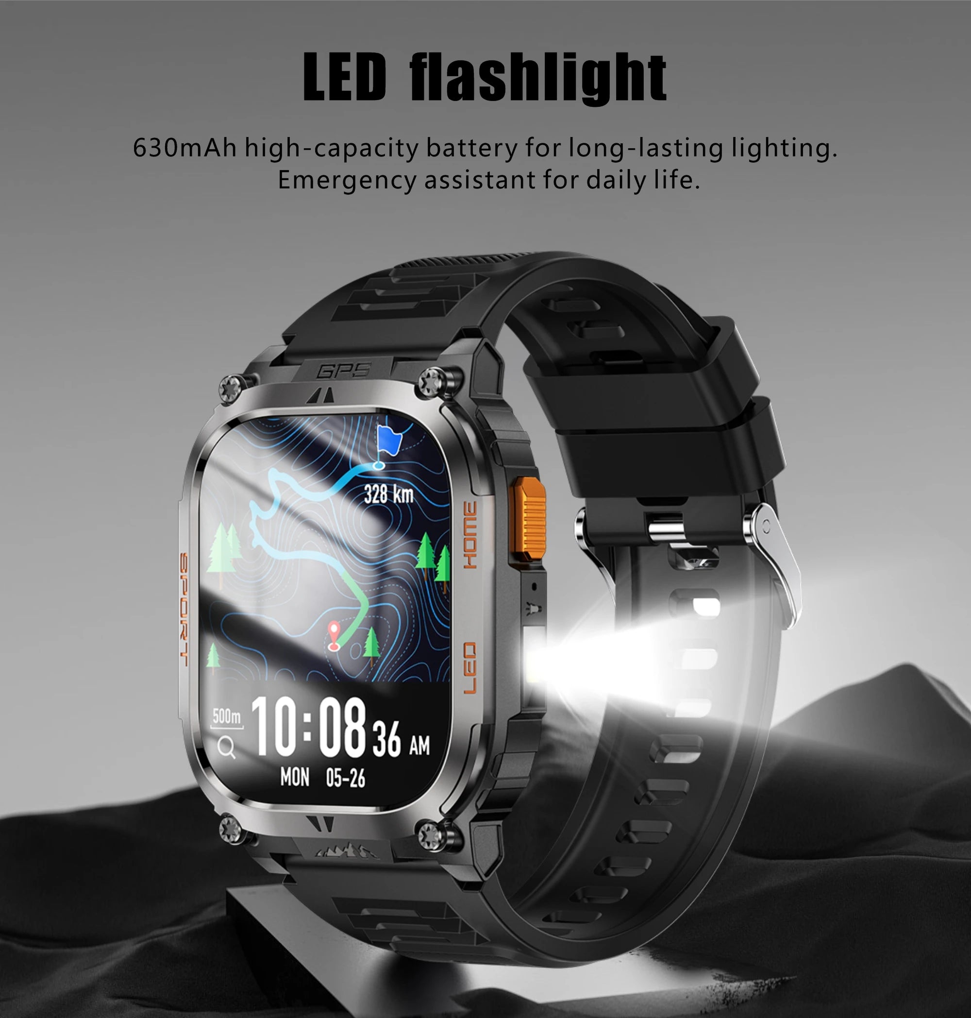 LIGE New GPS Tracking Smart Watch  LED Flashlight 1.96inch HD Screen Compass BT Call Waterproof Sport Smartwatch For Android iOS