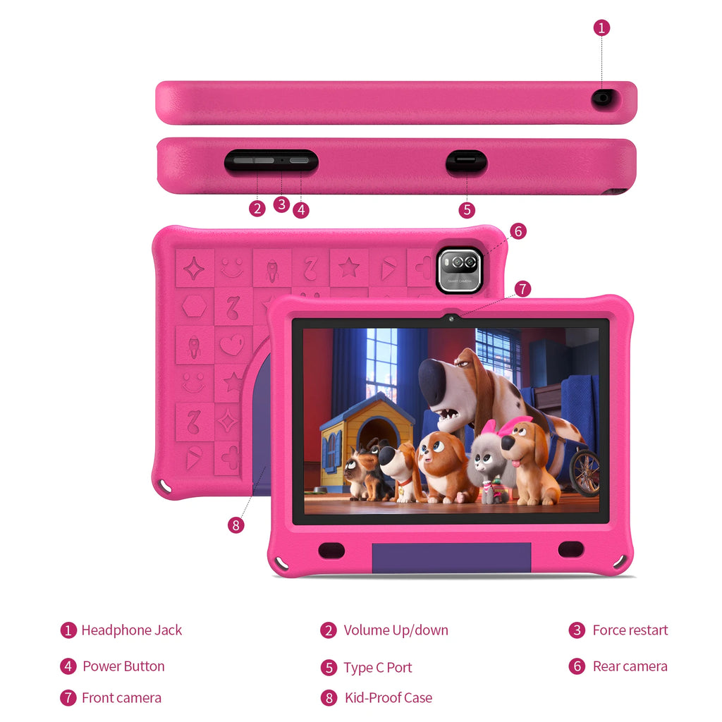 Pritom 10.1 Inch Kids Tablet Android 15 WIFI 6 Quad Core Processor 3GB RAM 64GB ROM YouTube with EVA Protective Case