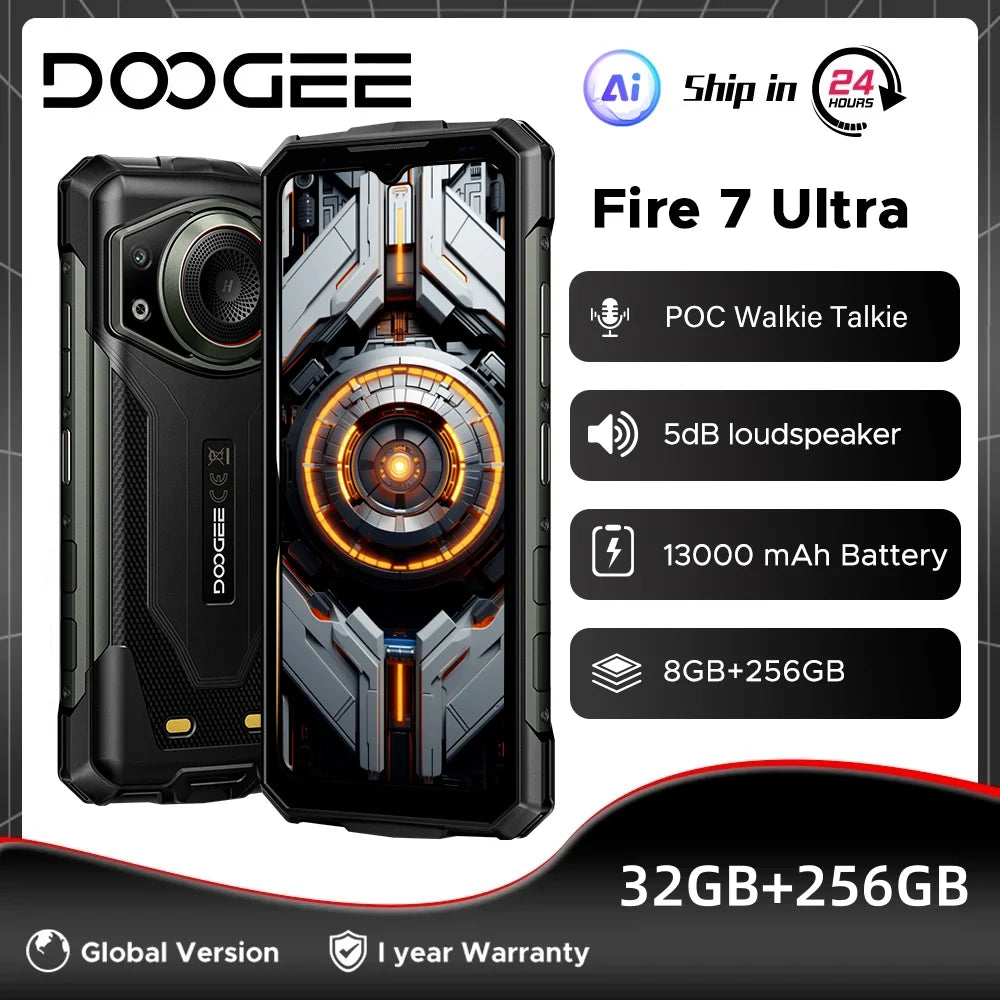 Global Version DOOGEE Fire 7 Ultra 5G Rugged Phone 32GB 256GB 13000mAh Battery Dimensity 6300 125dB Speake POC Walkie Talkie NFC