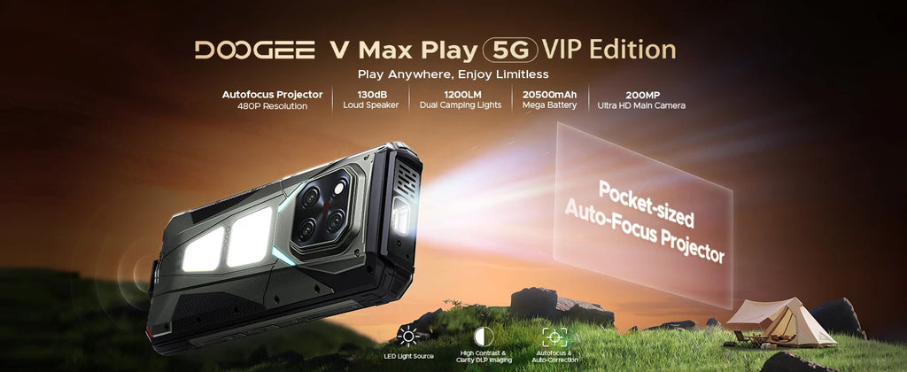 DOOGEE V Max Play 5G Rugged Phone Projector Function Dual Camping Lights 6.78'' Display 20500mAh Battery 16GB 512GB Smartphone