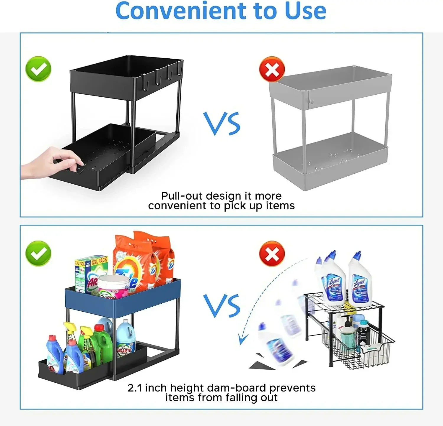 2 Tier Under Sink Sliding Cabinet Basket Organizer Storage Rack with Hooks Hanging Cup Bathroom Multifunctional Storage Rack