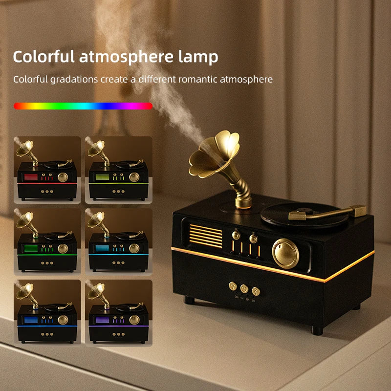 5V Retro Phonograph Bluetooth Speaker Humidifier Ultrasonic Aroma Diffuser Rotating Colorful Light Remote Essential Oil Atomizer