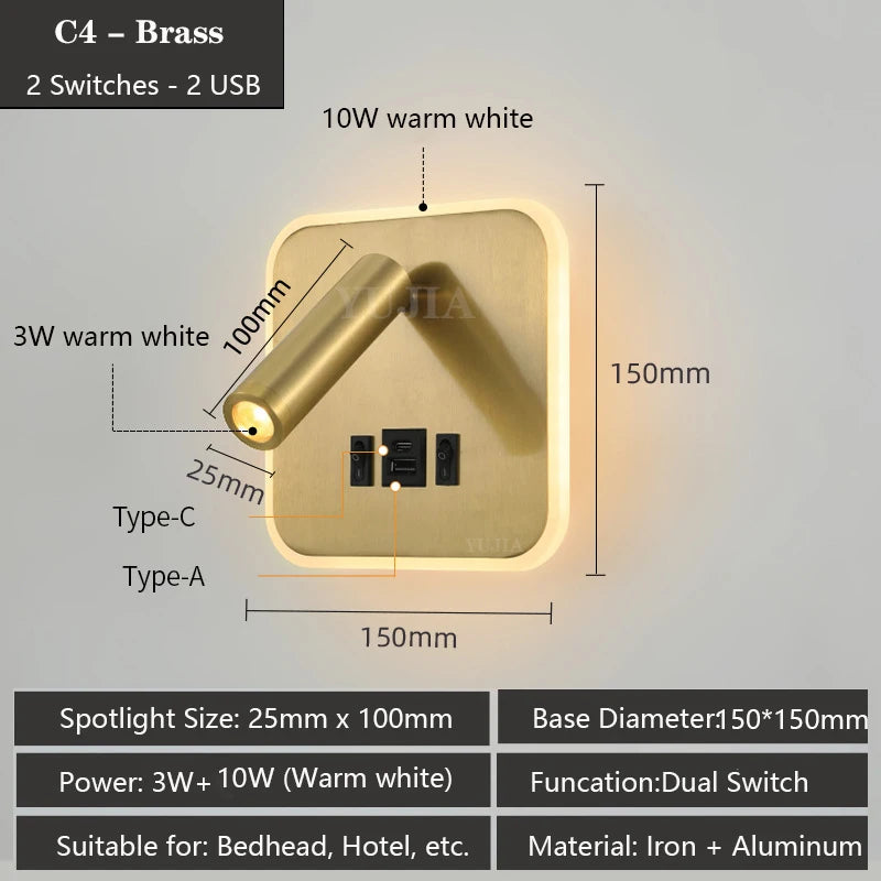 Contemporary Multifunctional LED Wall Sconce with Switch Modern Adjustable Reading Lamp USB Charging Ports for Bedrooms Offices