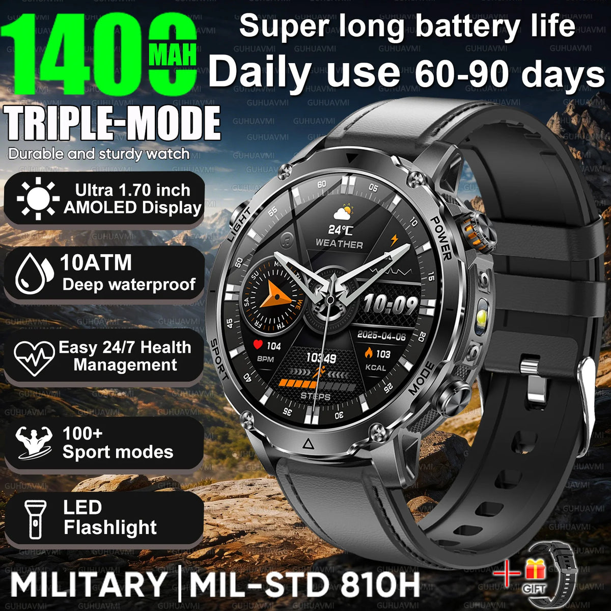 2026 Hot New 1400mAh Extra-Large Battery SmartWatch Men Military Outdoor SOS Flashlight  Waterproof Heart Rate Sports Smartwatch