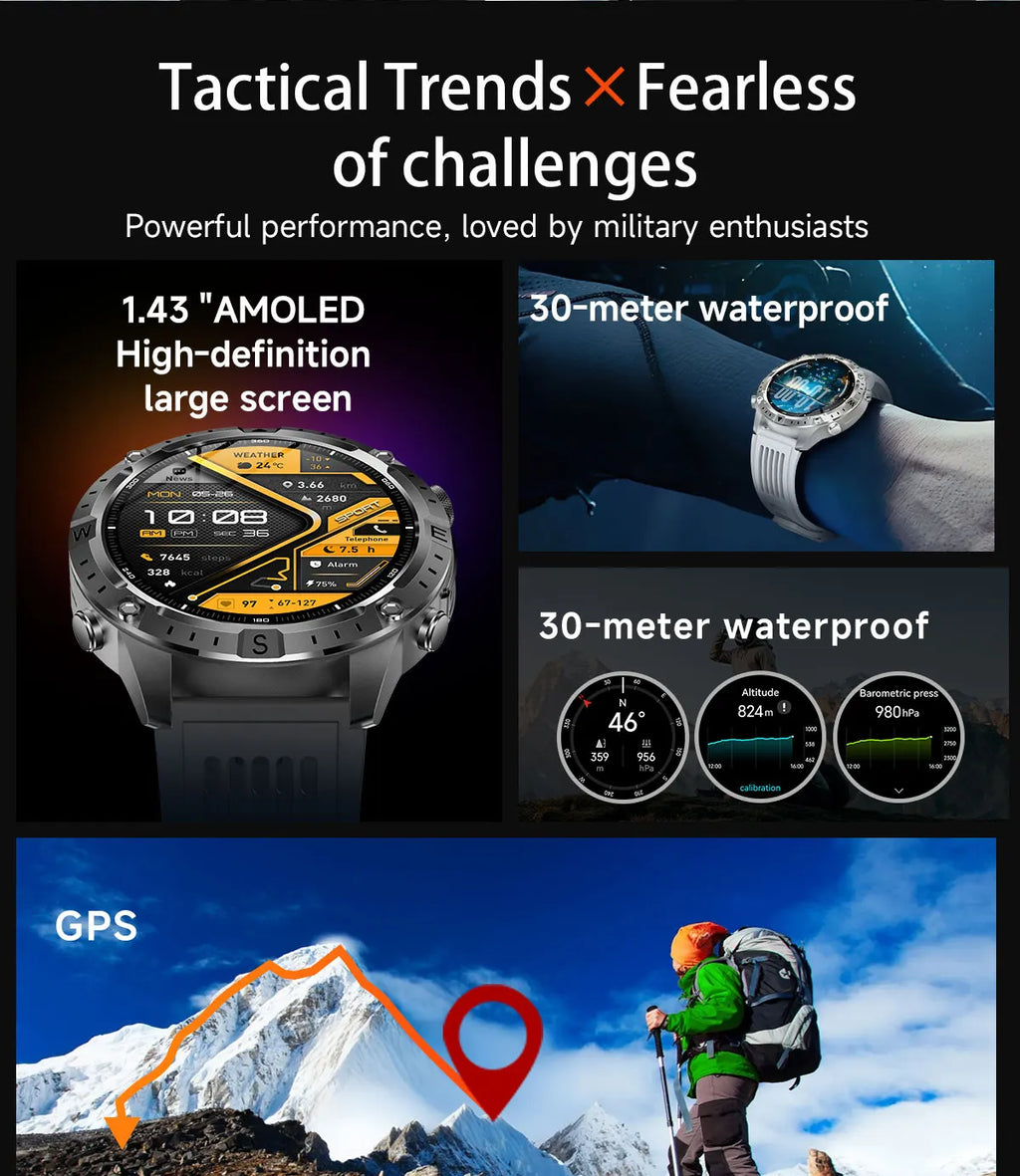 2026 Outdoor GPS Smart Watch Men 2GB ROM Offline Map 730mAh Battery 3ATM Waterproof Compass Altimeter Health Monitor Smartwatch