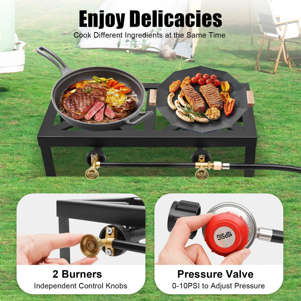 8000W Double Burner Gas Stove Portable Outdoor Camping Stove Propane Cooker Adjustable 0-10Psi for Patio Camping, BBQ, Home Brew